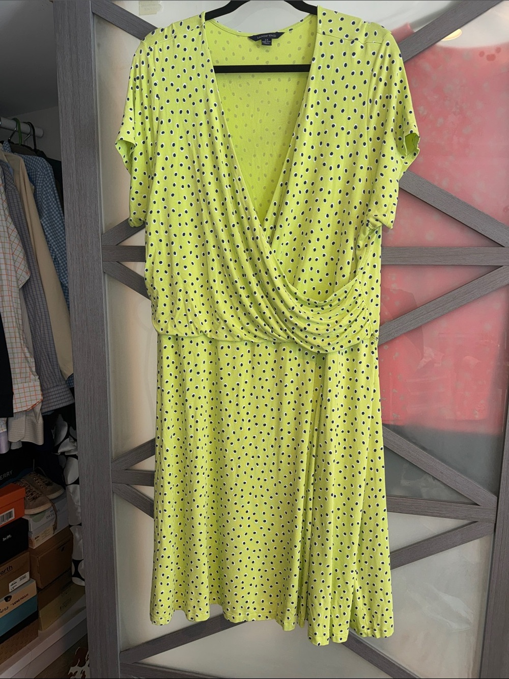 Lands' End 2X 20W 22W Chartreuse Polka Dot Faux Wrap Dress